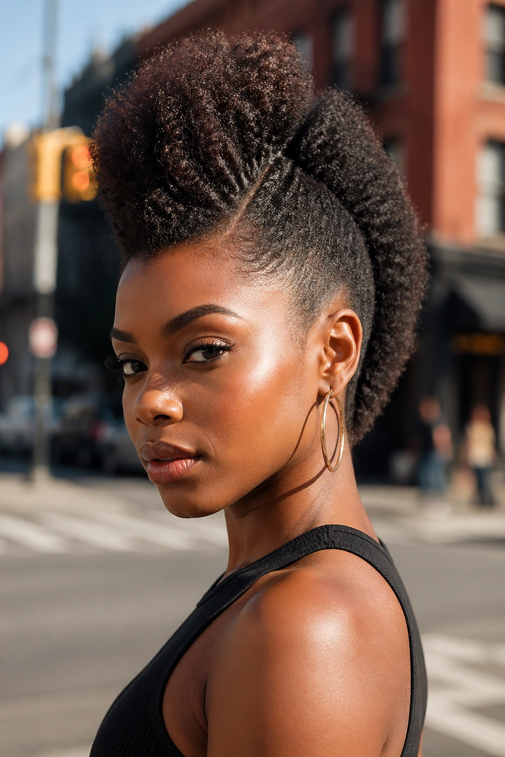 Portrait of real person with an Afro Mohawk and a defined center strip
