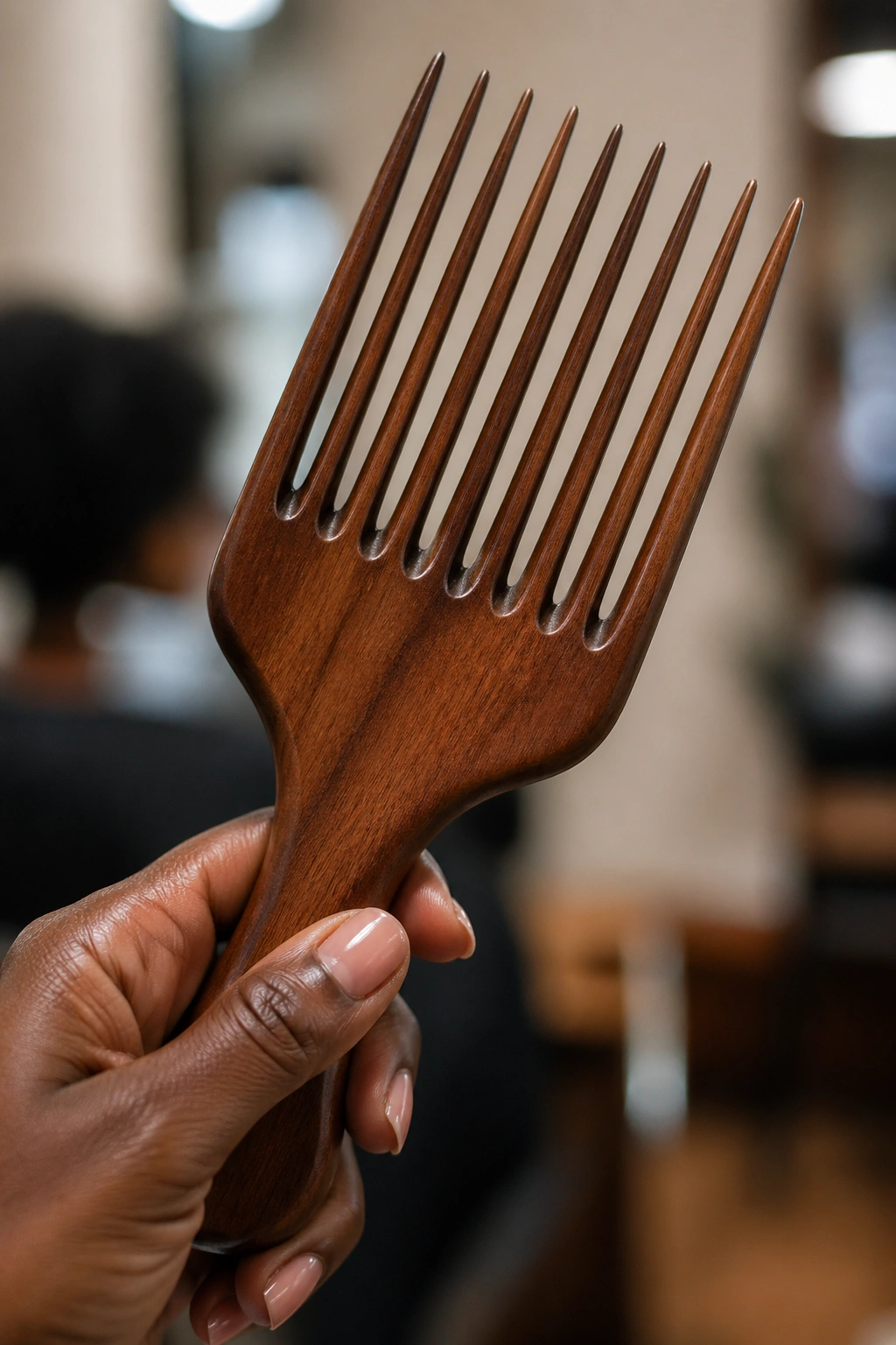Close-up of a wooden afro pick with wide tines in a salon setting