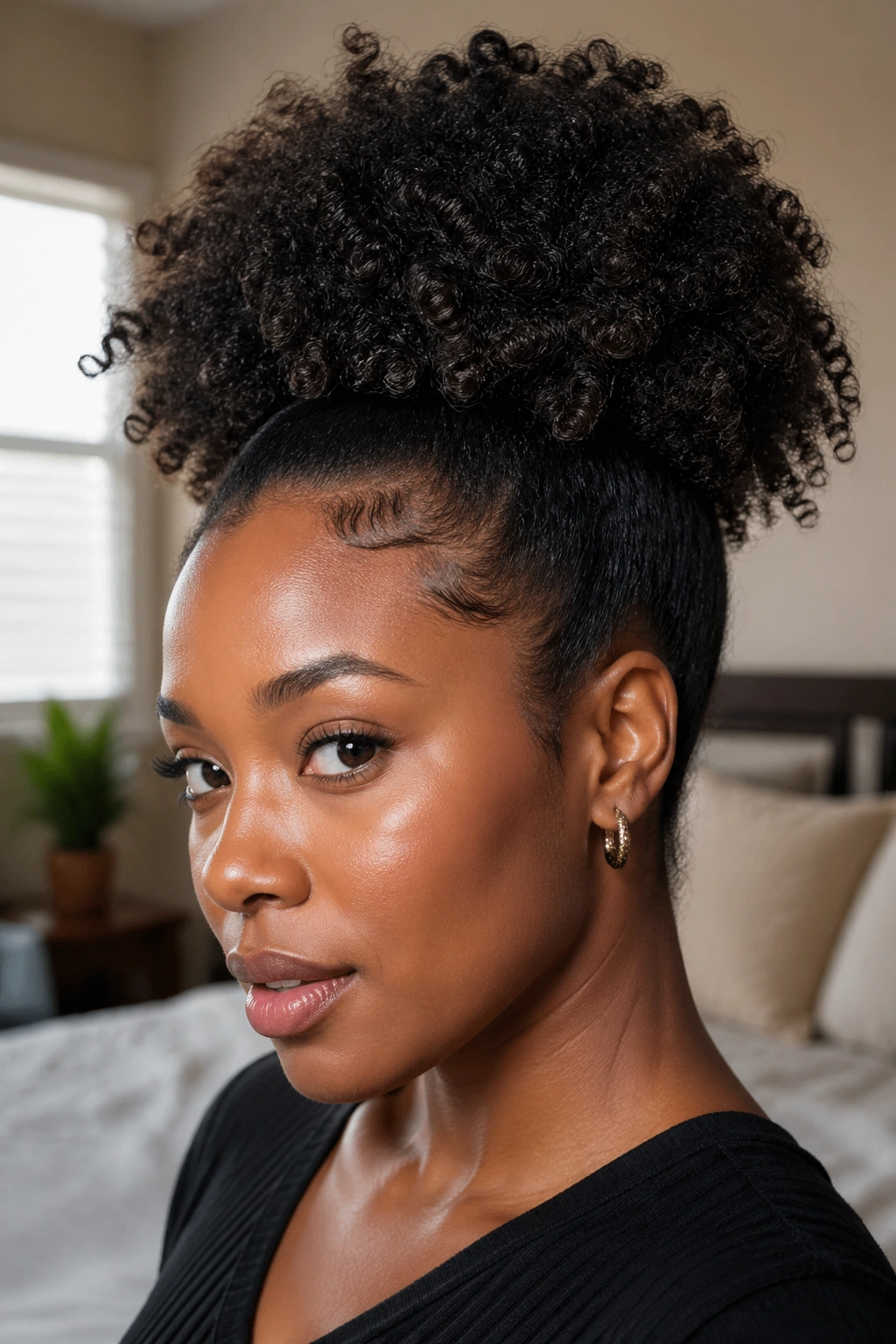 Close-up portrait of a real Black woman with voluminous Afro pulled into a ponytail