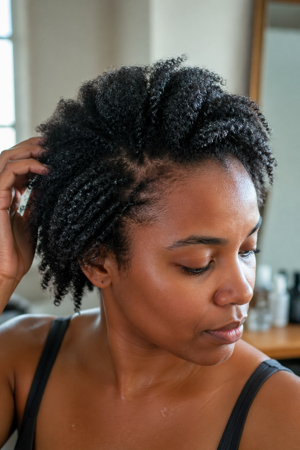 Close-up of a real woman's detangled and moisturized afro during pre-styling