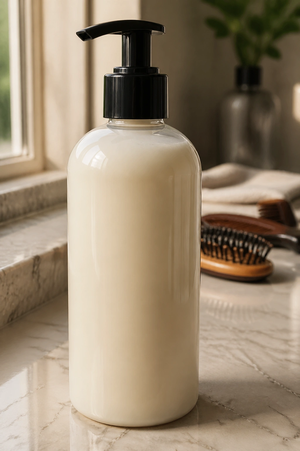 Close-up of an unbranded leave-in conditioner bottle on a bathroom counter