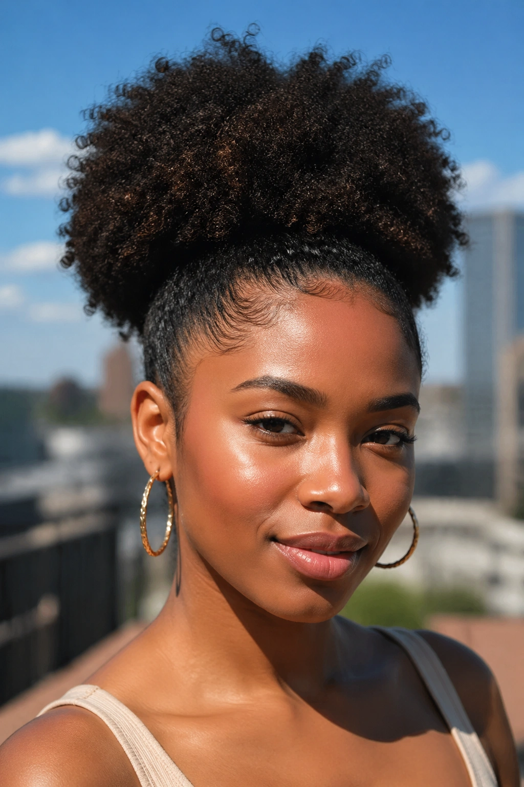 Close-up of a large Afro Puff at the crown on a real person.