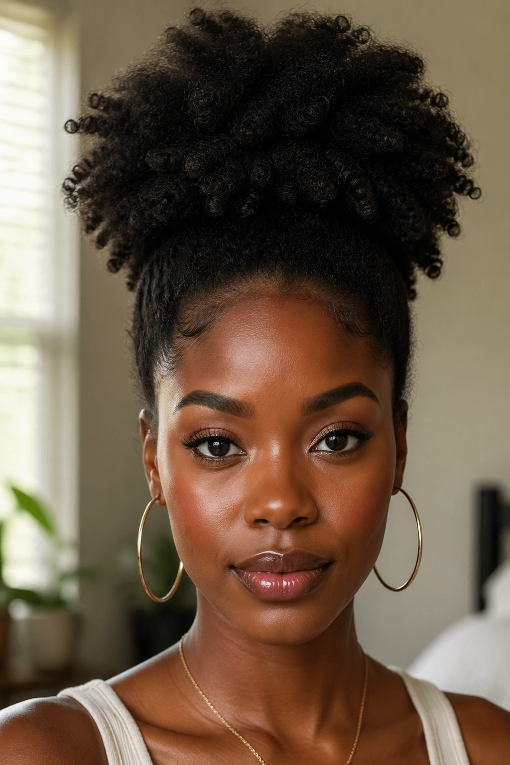 Portrait of a woman with a high crown afro puff