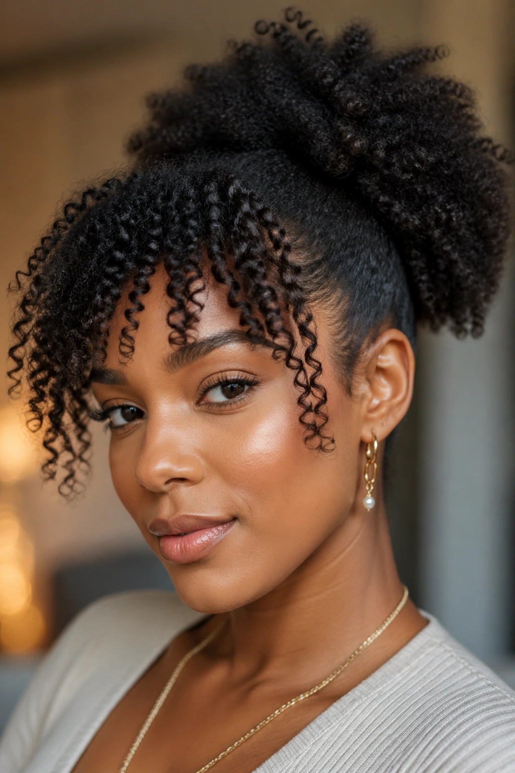 Close-up of a real woman with curly bangs and a puff
