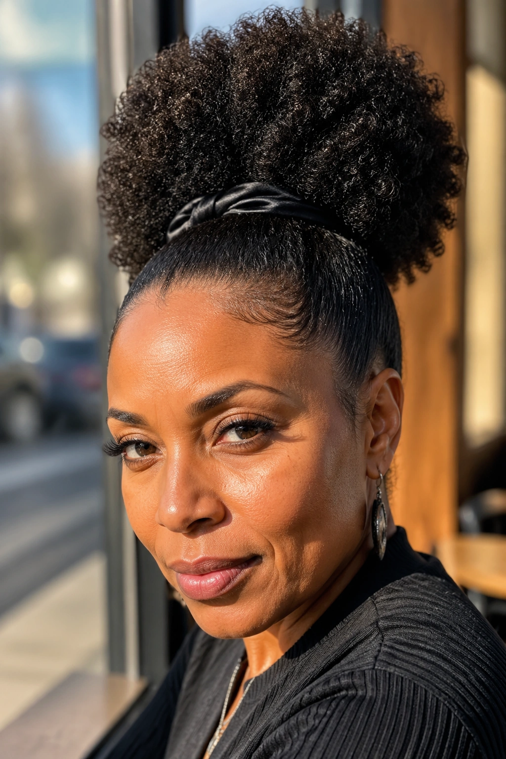 Close-up portrait of a real woman with a high Afro Puff at the crown
