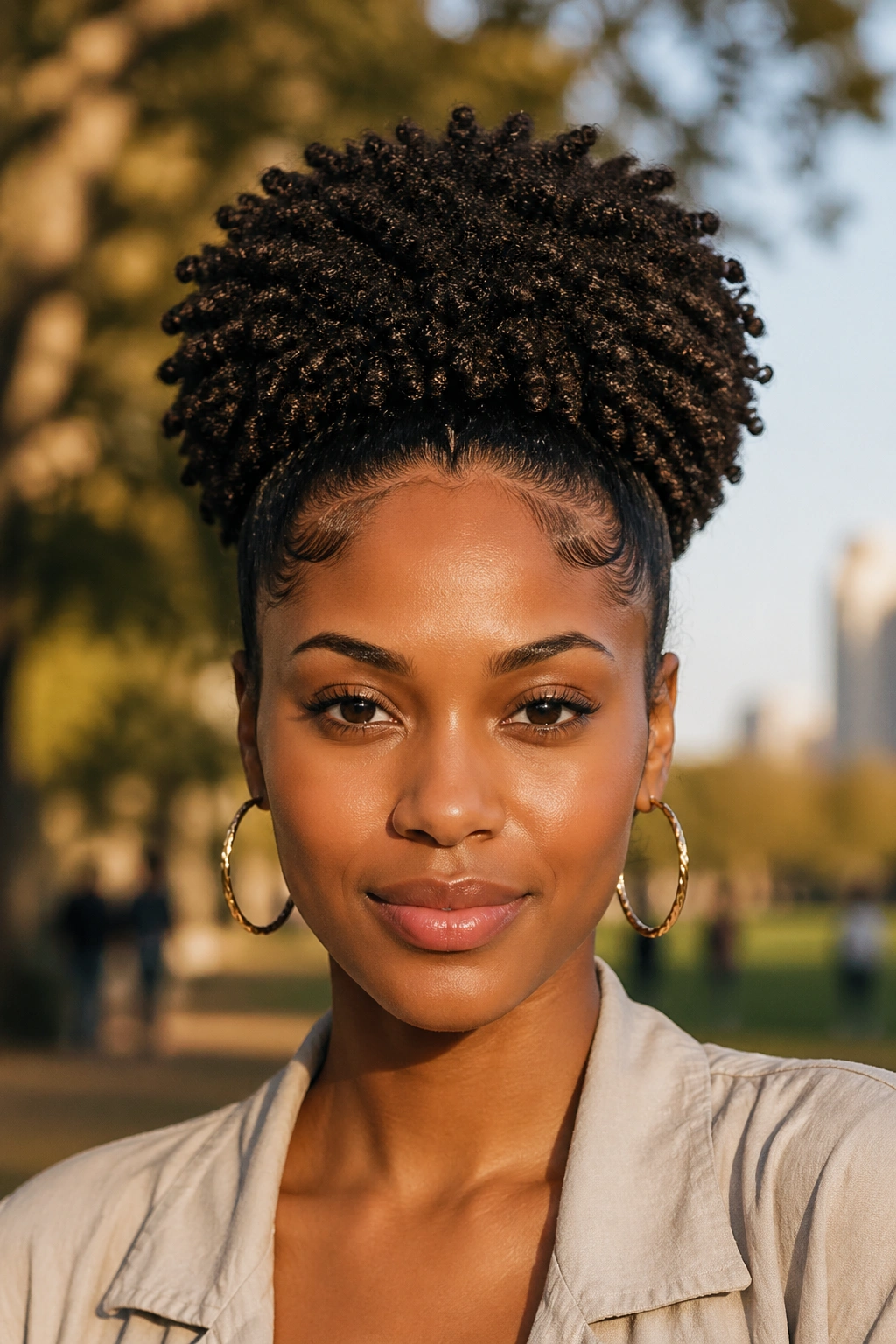 Close-up of a woman with a high afro puff silhouette at golden hour