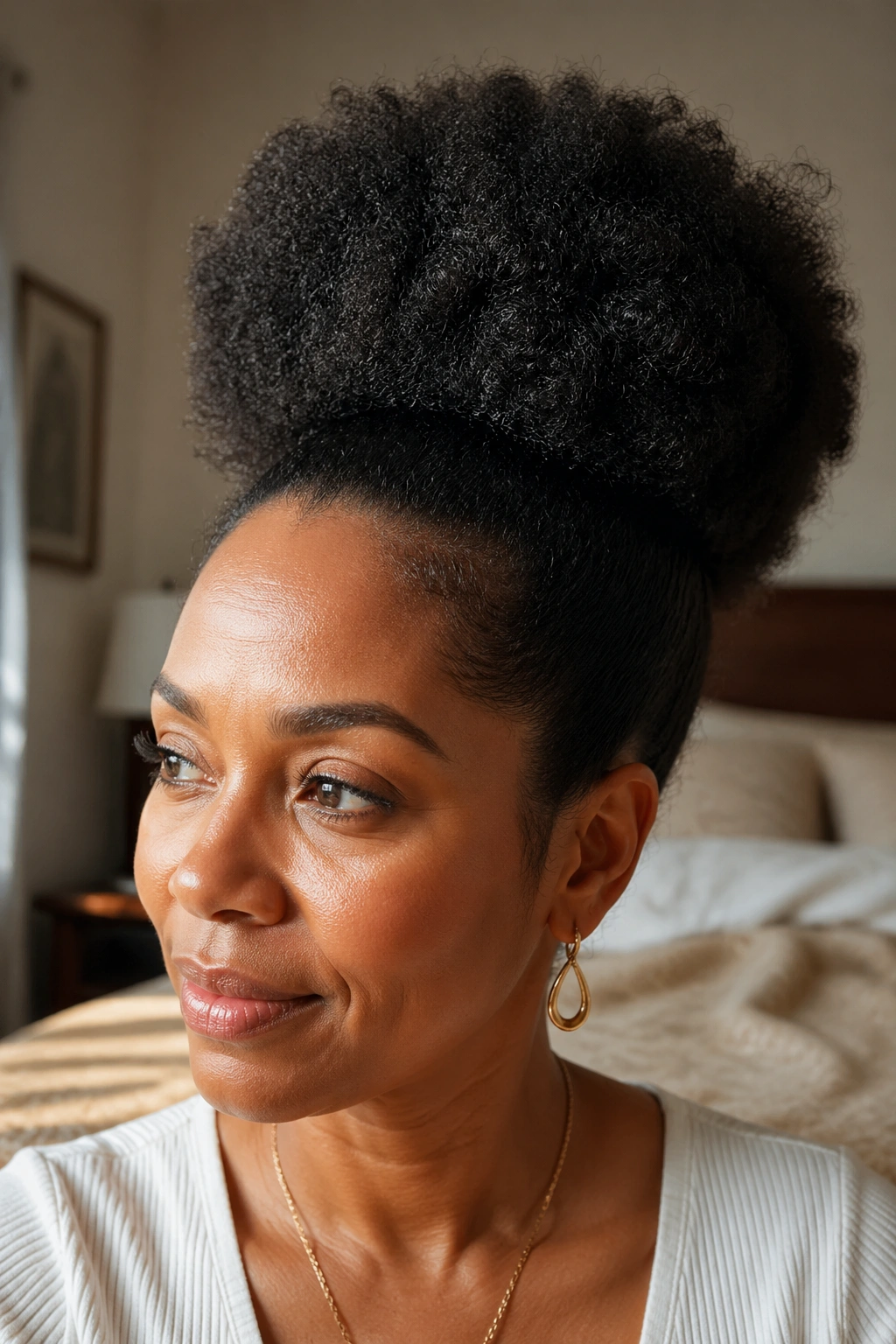 Close-up of a real woman with a stretched Afro Puff under warm window light