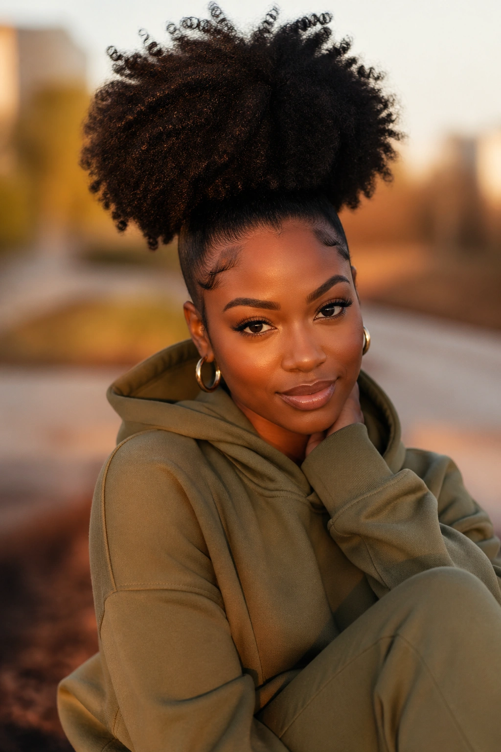 Portrait of a woman with an olive sweatsuit and large afro puff in golden hour light