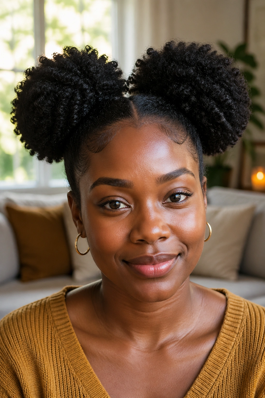 Close-up portrait of a real woman with two high afro puffs, showing natural hair textures