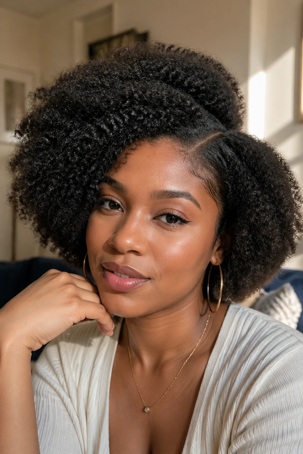 Close-up of a woman with a defined side-part Afro under warm window light