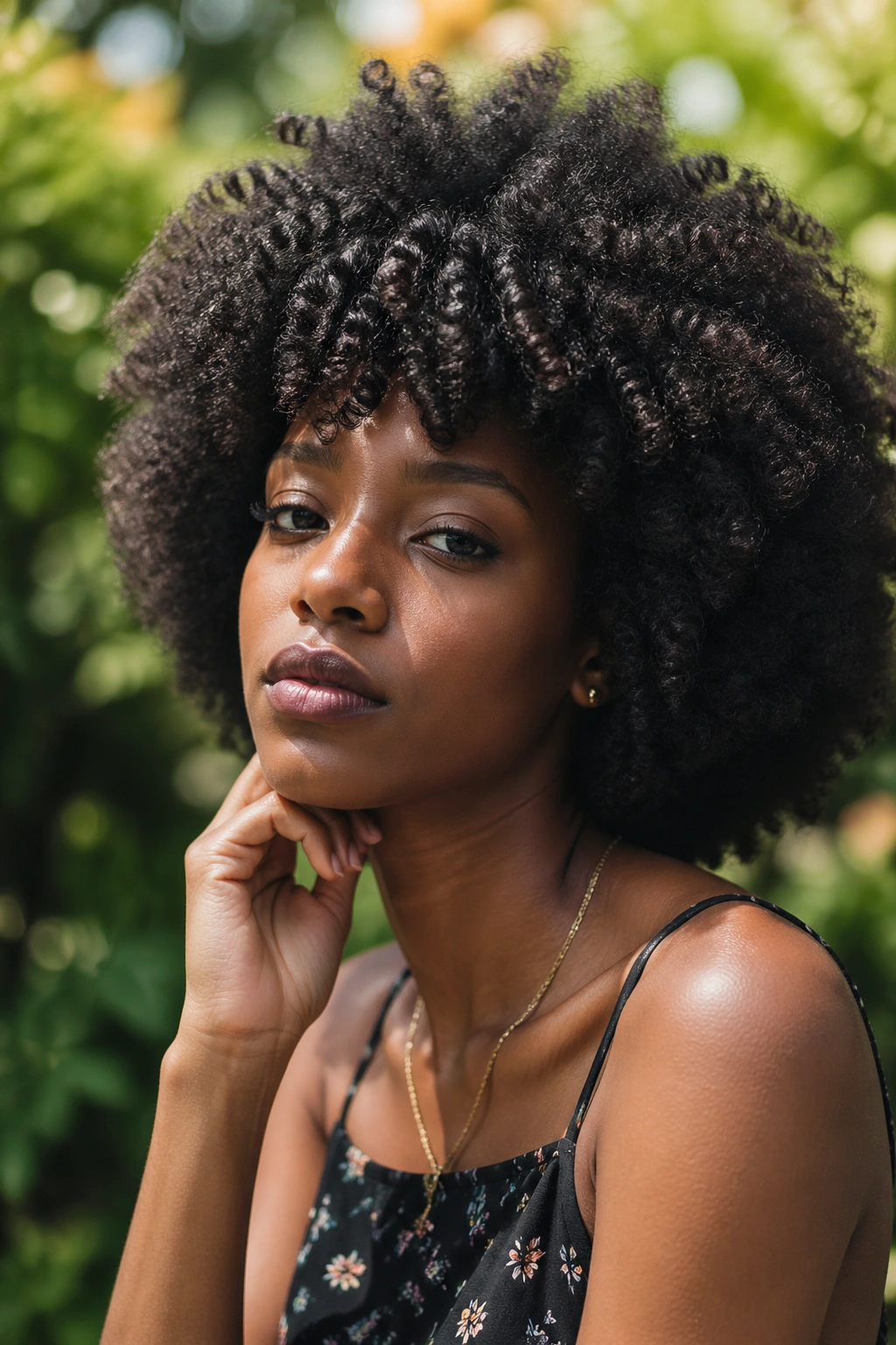 Close-up of a real person showing natural Afro texture with defined curls outdoors