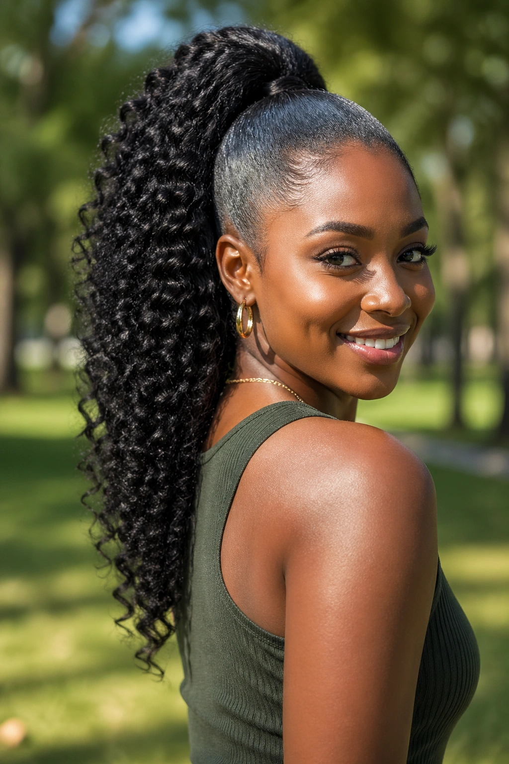 Medium close-up of a real woman with an Afro-textured ponytail in a sunlit outdoor park