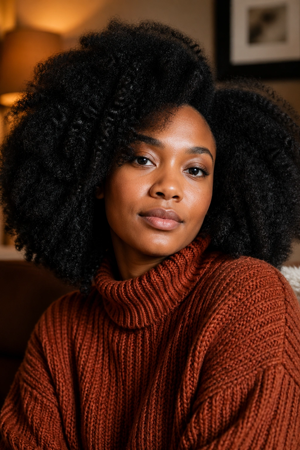 Close-up of a woman with a full Afro wearing a rust textured sweater in a cozy indoor setting