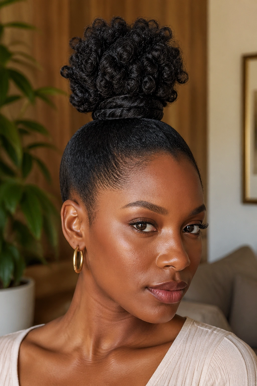 Close-up of a woman with a high coily top-knot ponytail and crown puff