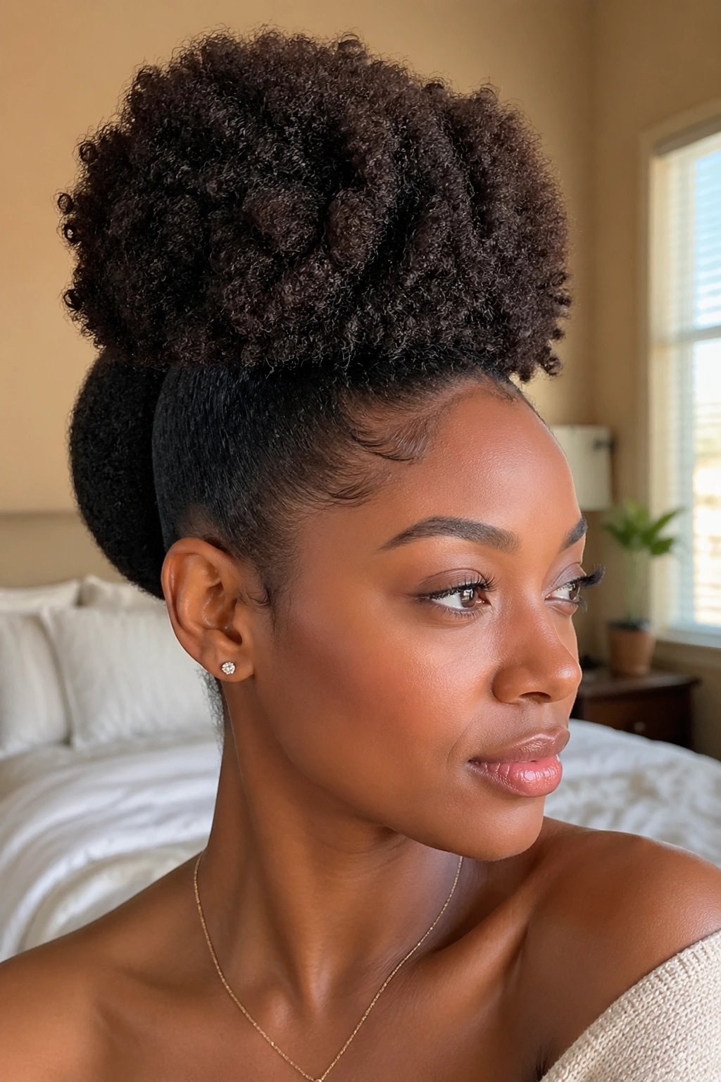 Close-up of a real woman with a two-section afro updo in a cozy bedroom with natural light
