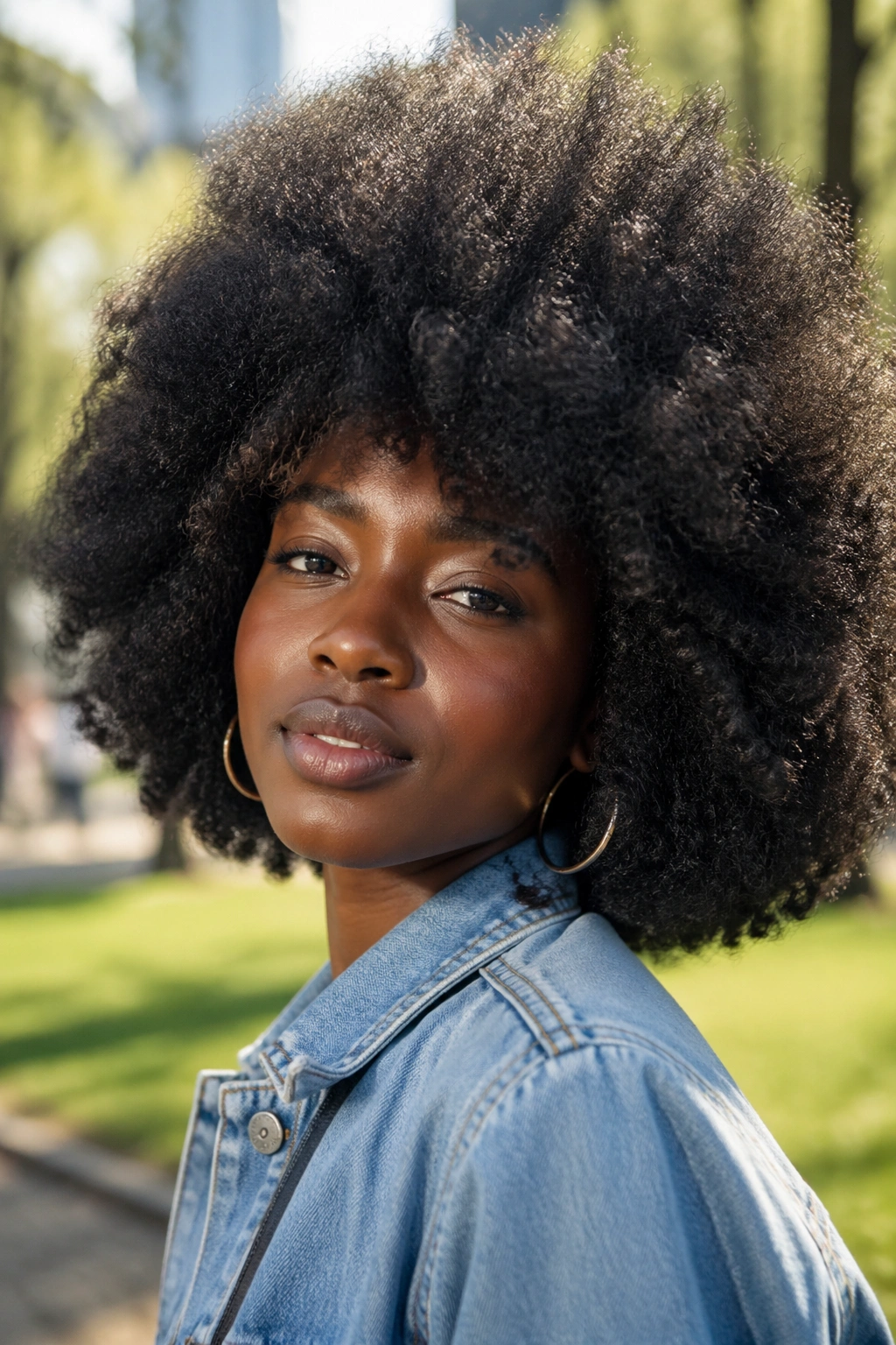 Portrait of a person with a large, voluminous afro showing texture and volume