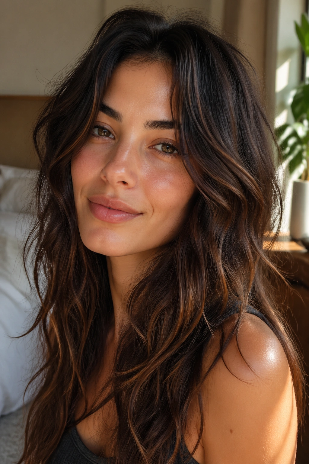 Portrait of a real woman with layered cut and natural air-dried waves
