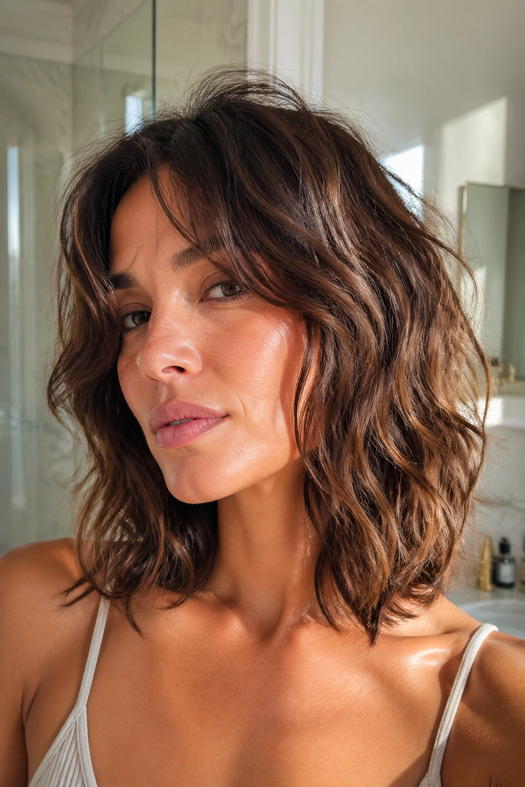 Close-up of a real woman with an air-dried shaggy lob in a sunlit bathroom