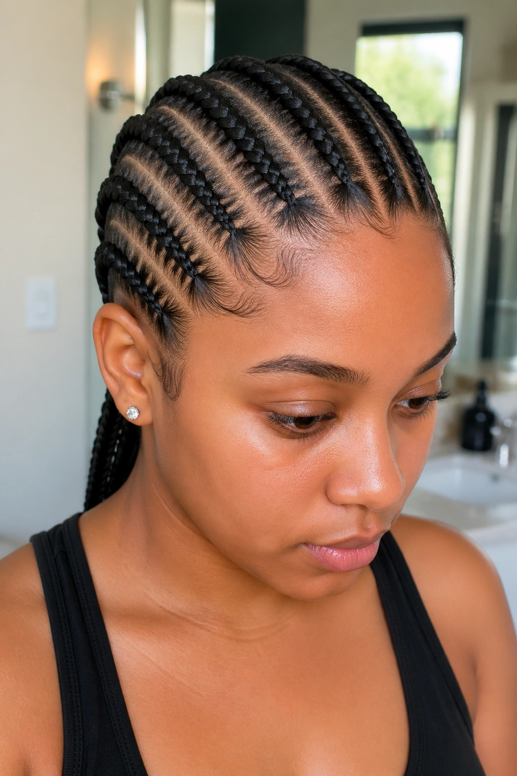 Real person with all-back cornrows, straight rows from hairline to nape