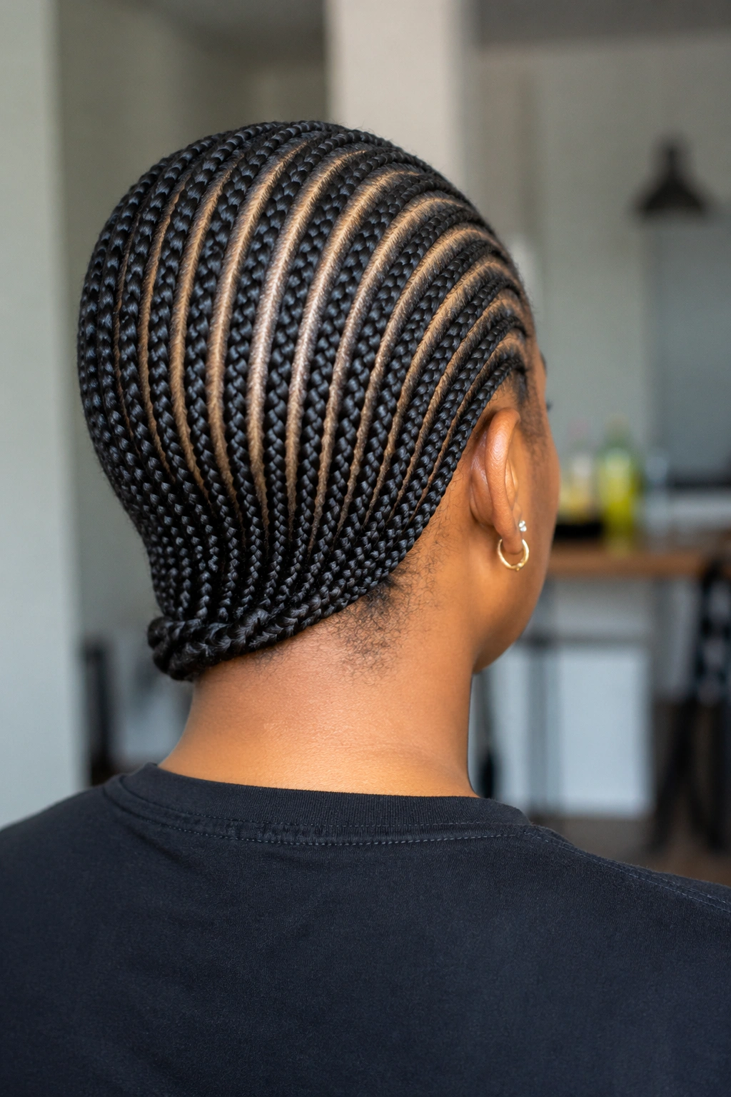 Back of head view of a real woman with all-back cornrows from crown to nape