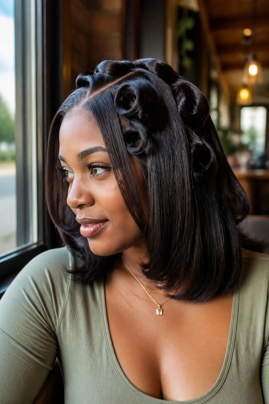 Close-up of a real woman with alternating straight and pin-curled hair sections