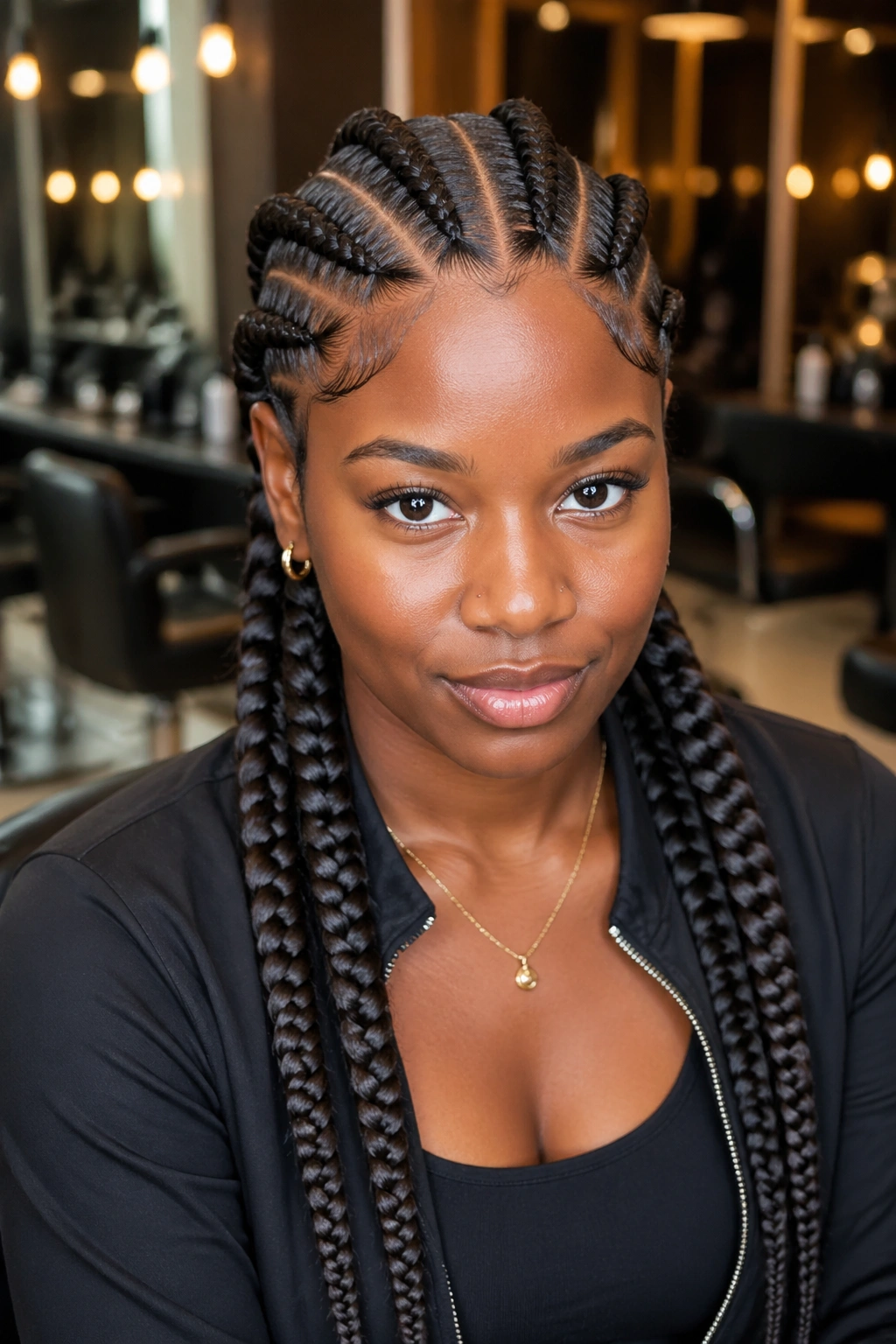 Real woman with thick-and-thin alternating feed-in cornrows in a salon
