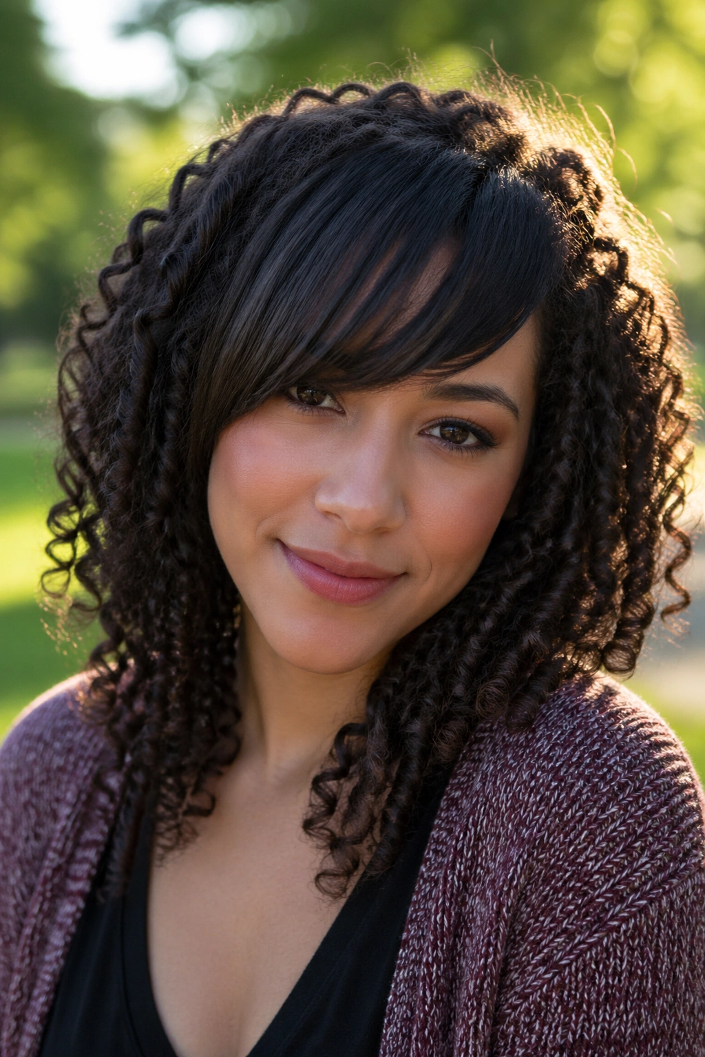 Close-up portrait of a real person with angled straight bang and natural curls