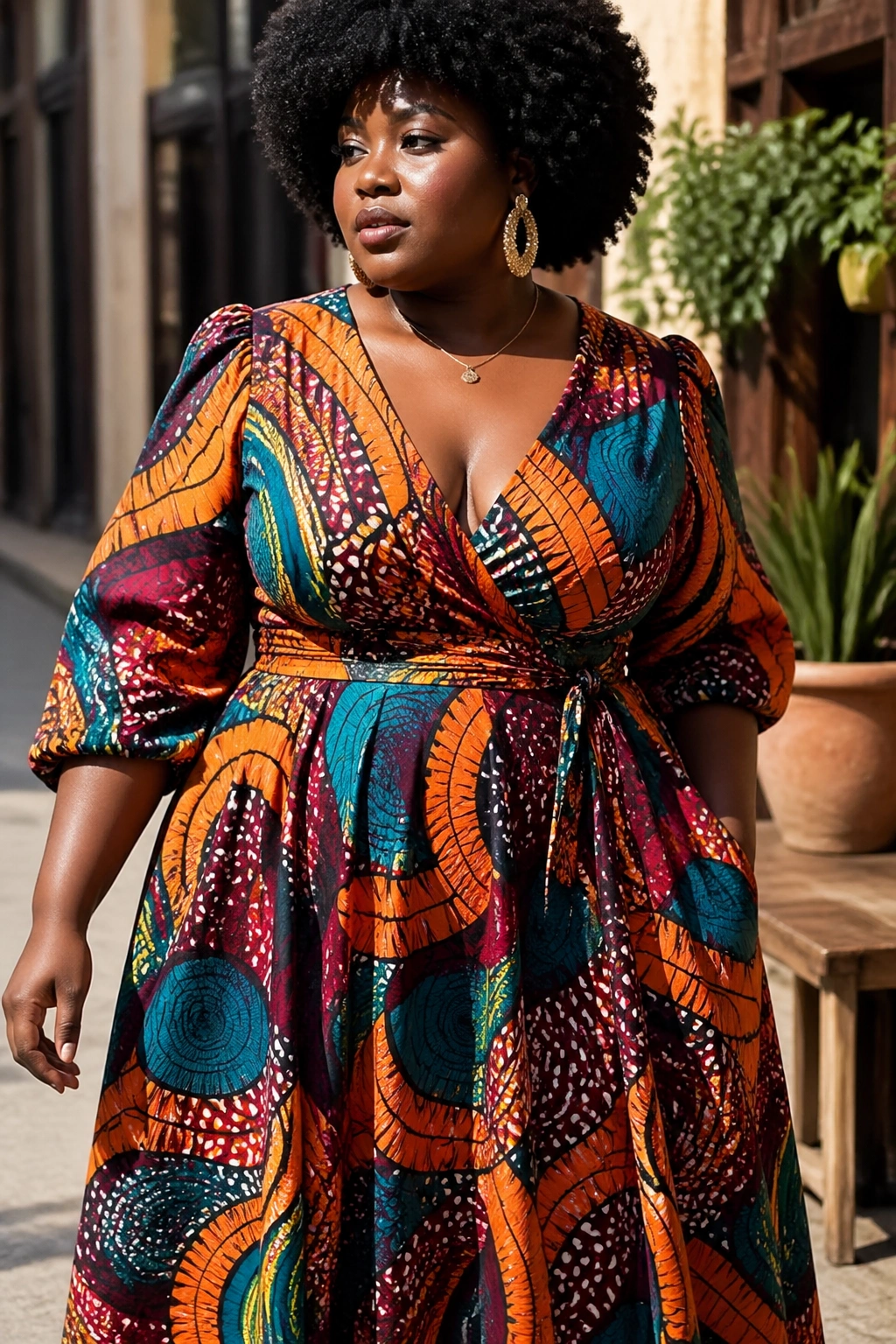 Medium close-up of a curvy woman in an Ankara print maxi dress outdoors.