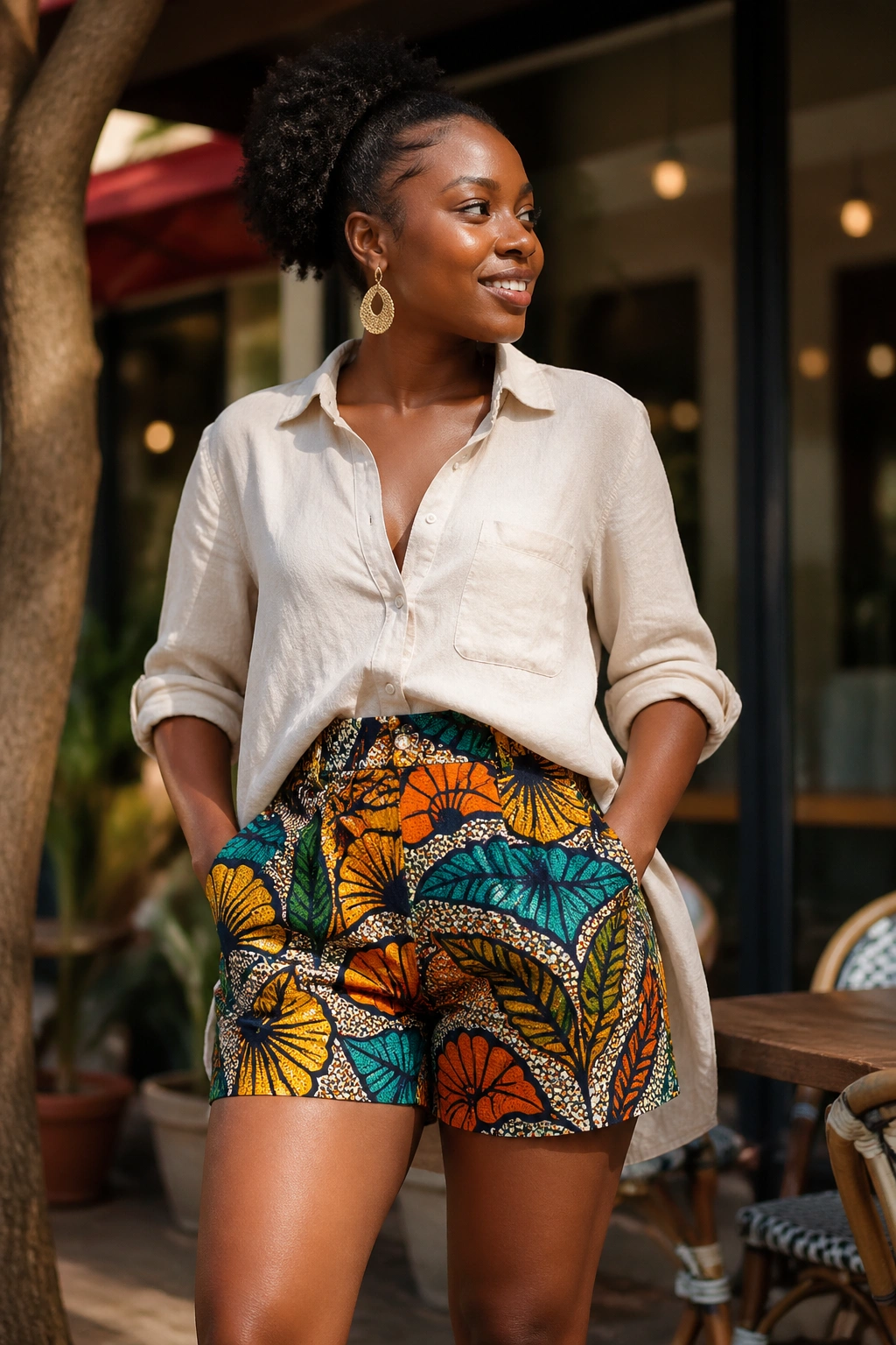 Portrait of a person wearing Ankara shorts and a relaxed linen blouse in an outdoor cafe setting.
