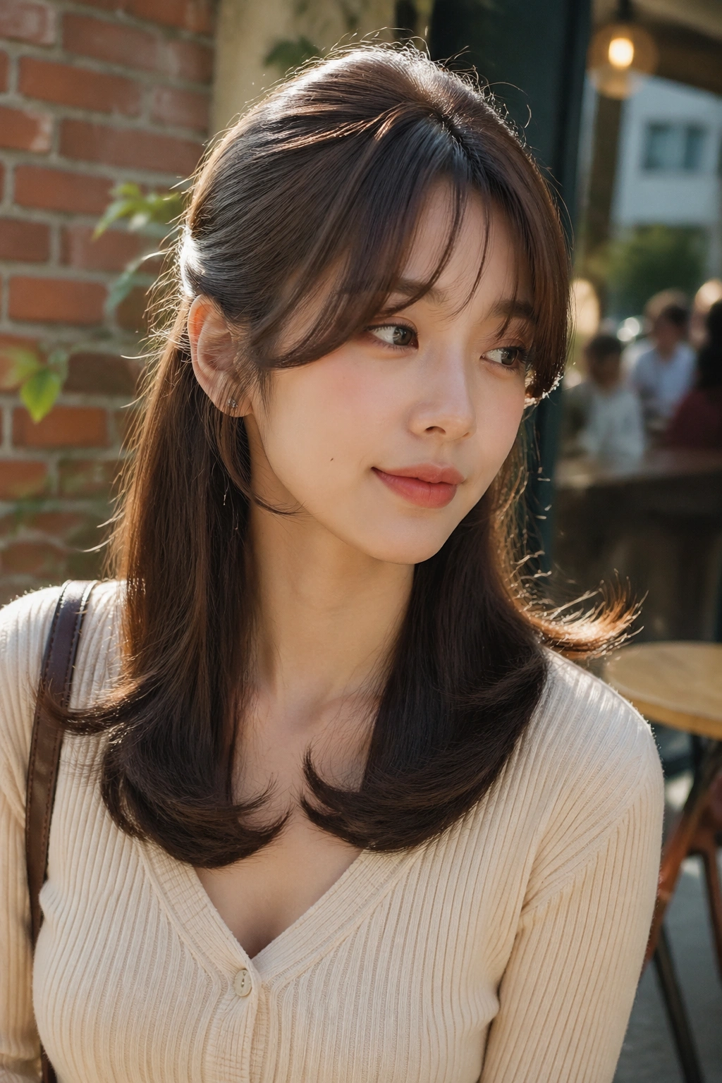 Close-up of a real woman with arched bangs and flipped ends half ponytail in a sunny cafe