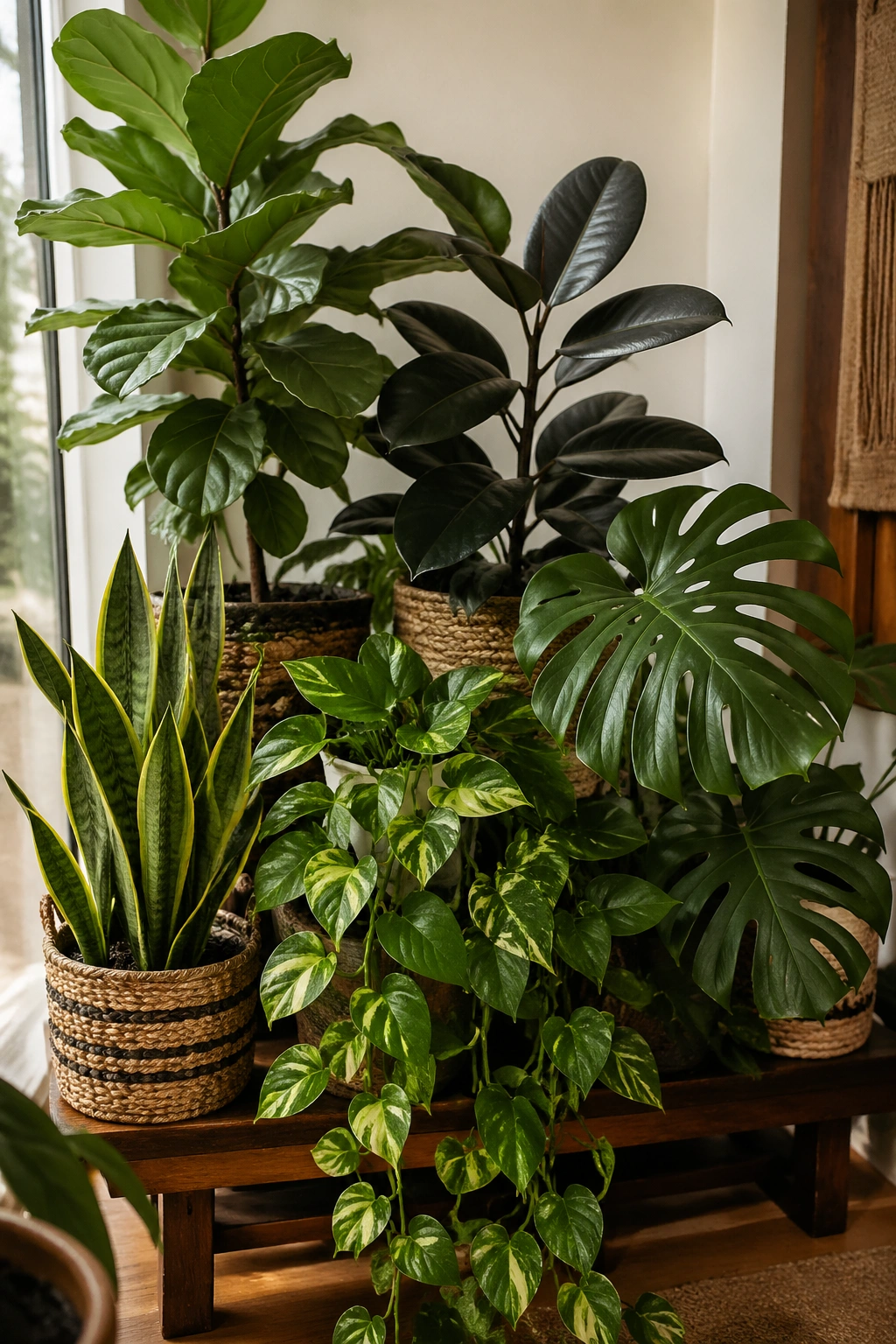 Group of architectural plants arranged together in a living room corner.