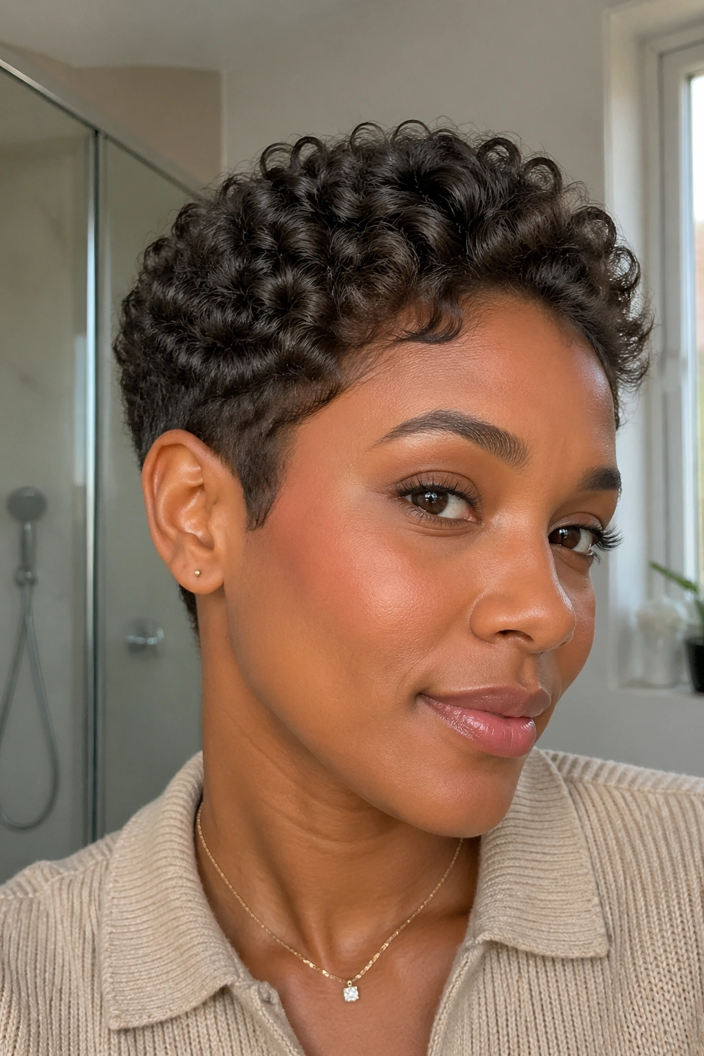 Real person with ash brown gloss on short curls.