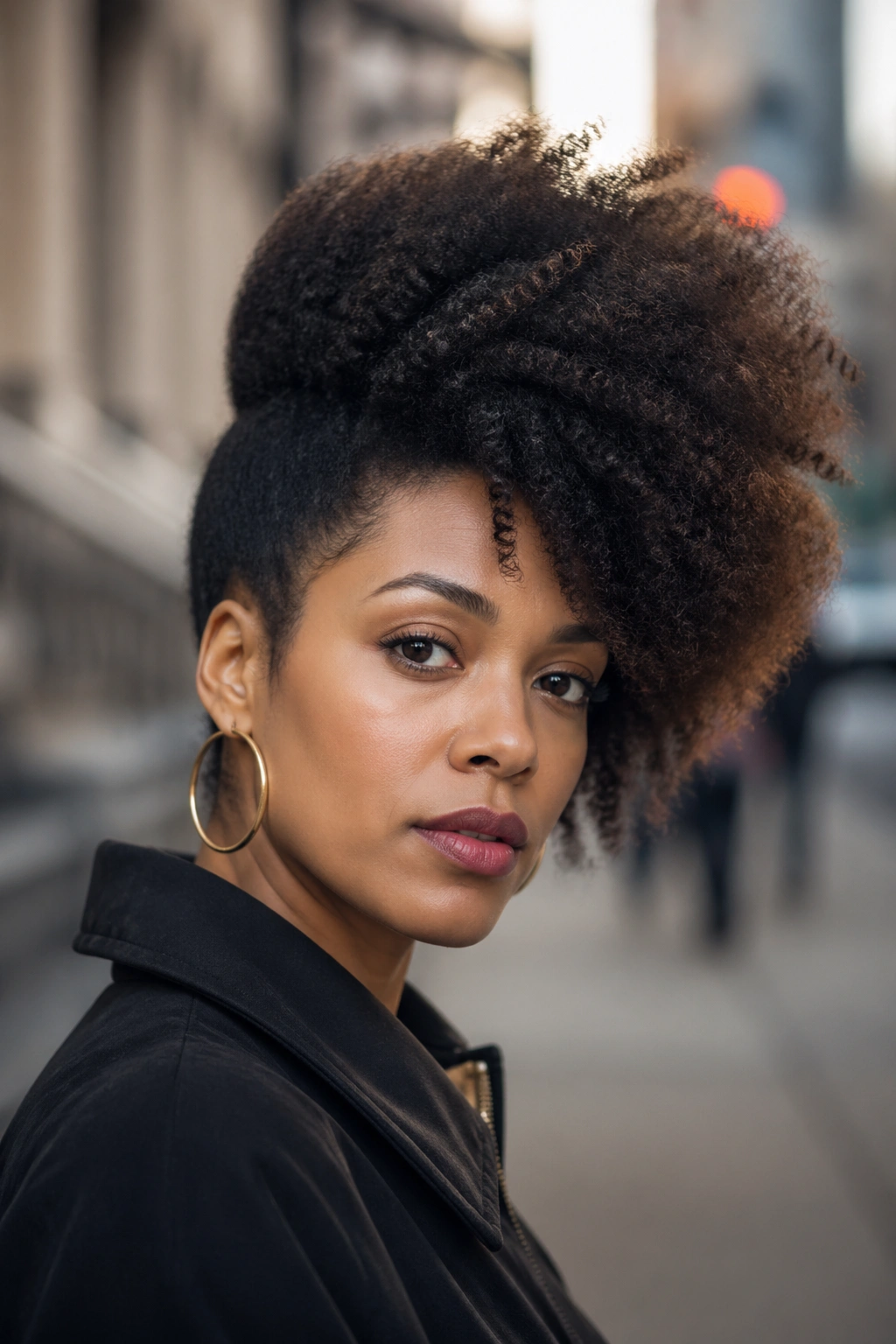 Portrait of a person with an asymmetric afro showing intentional length difference