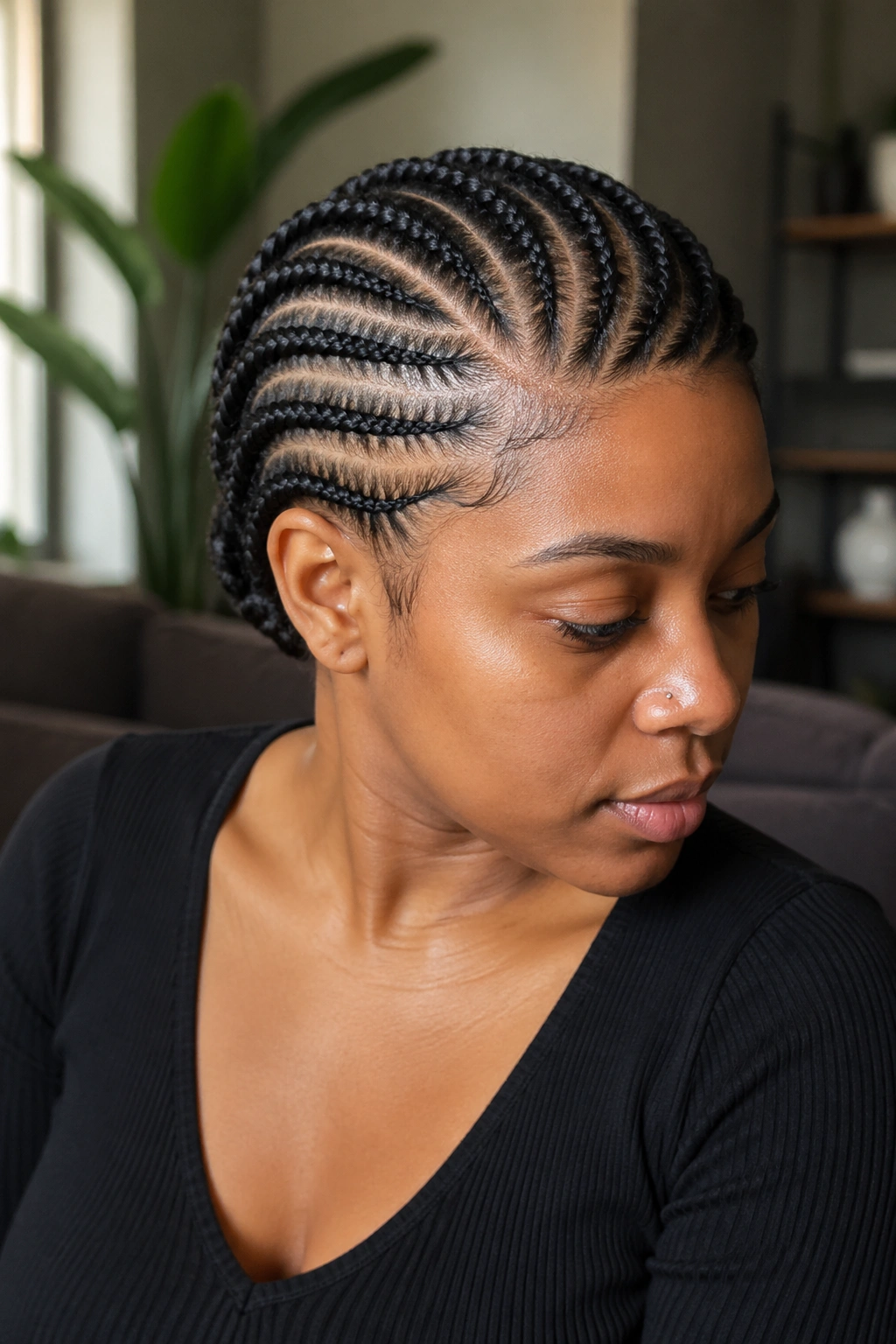Close-up of asymmetric cornrows with deep side part on a real woman