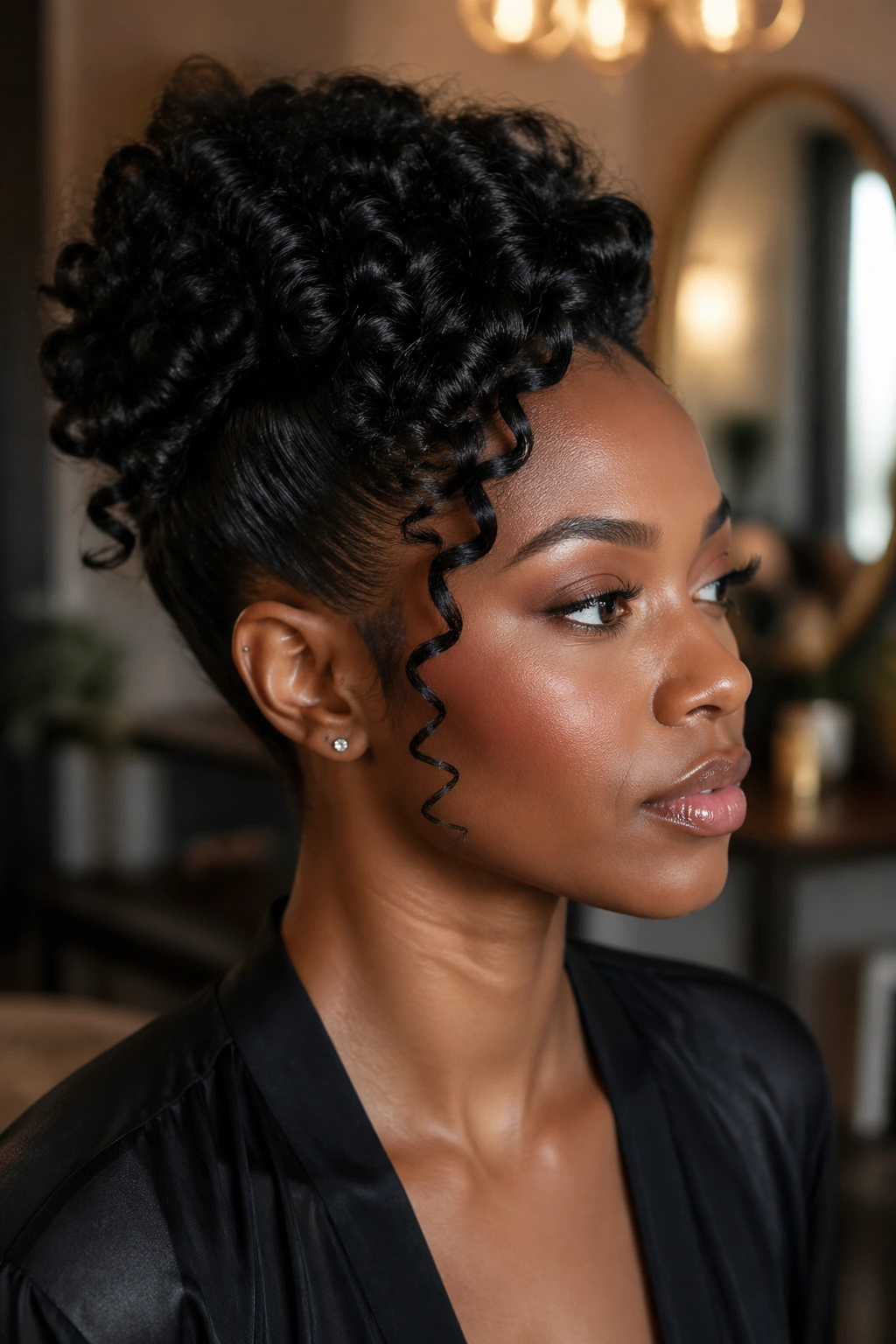 Close-up of a real woman with an asymmetric curly updo and a side tendril