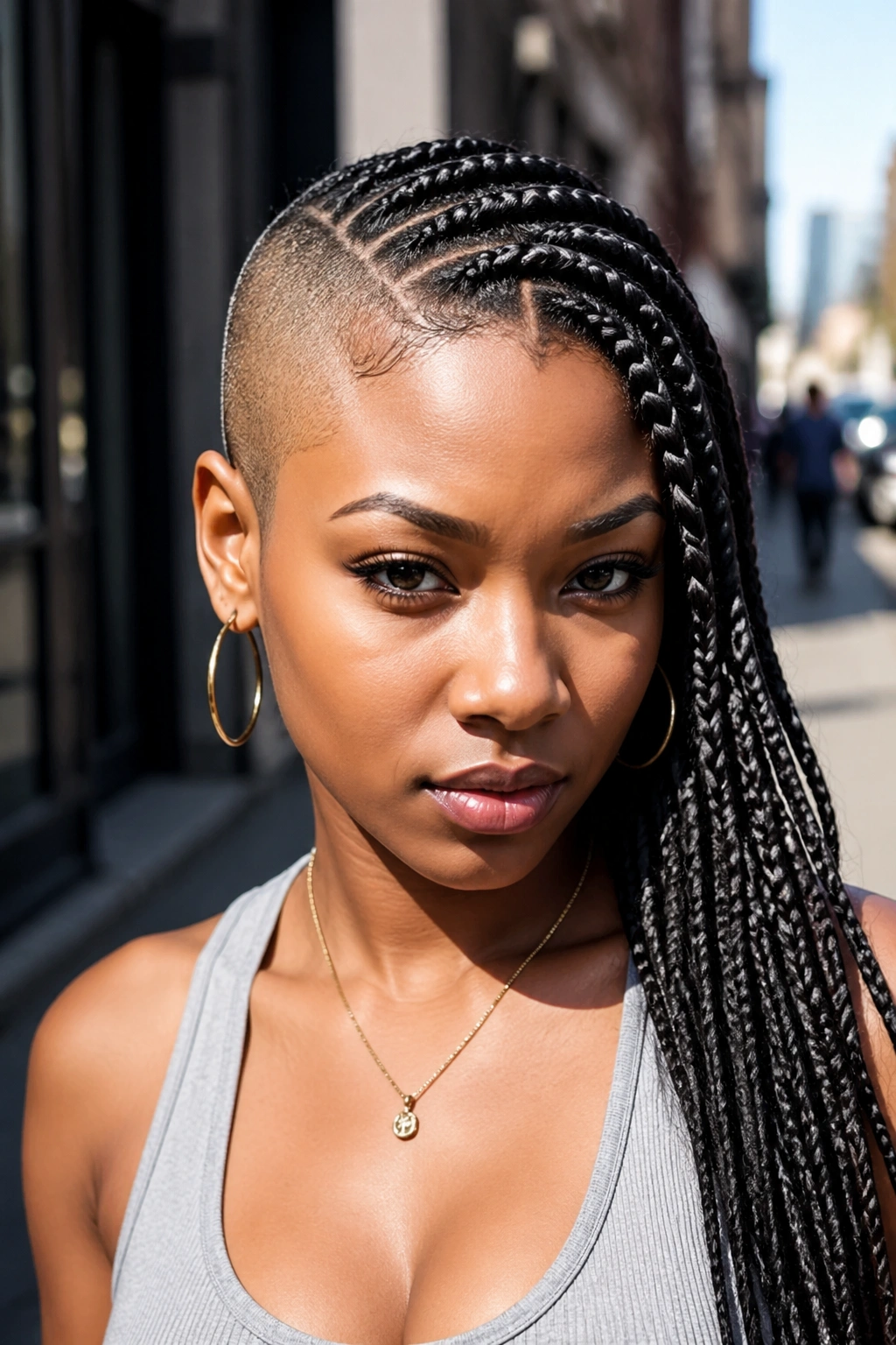Portrait of a real person with one shaved side and asymmetric feed-in braids