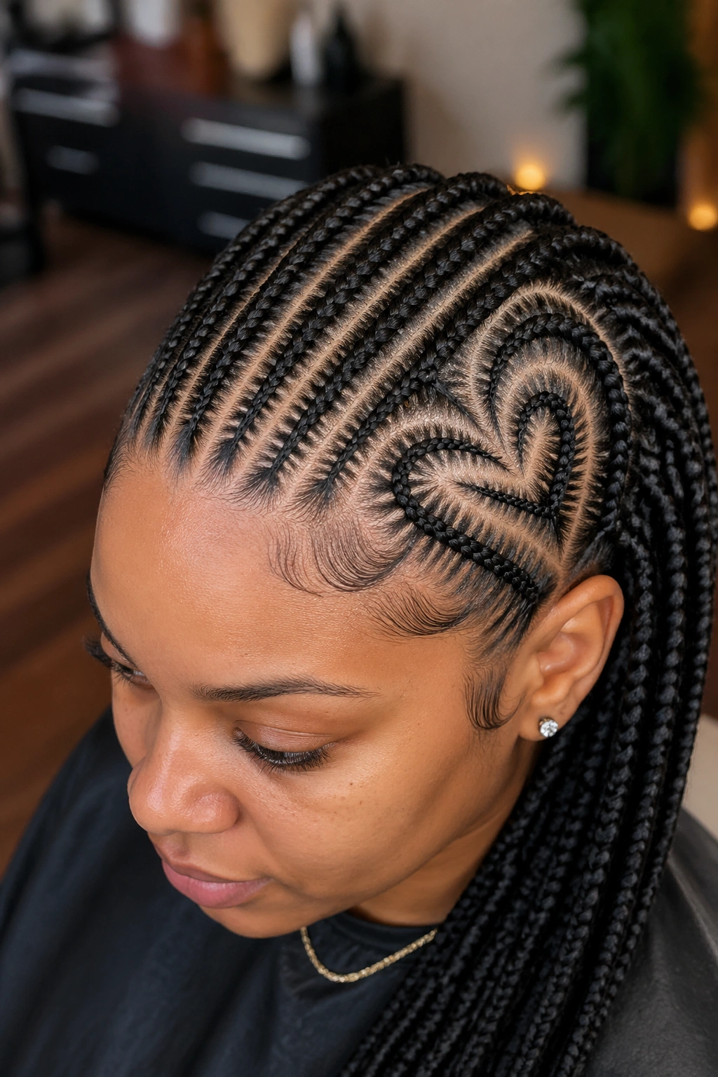 Close-up of a real woman with an off-center heart-shaped cornrow on the crown