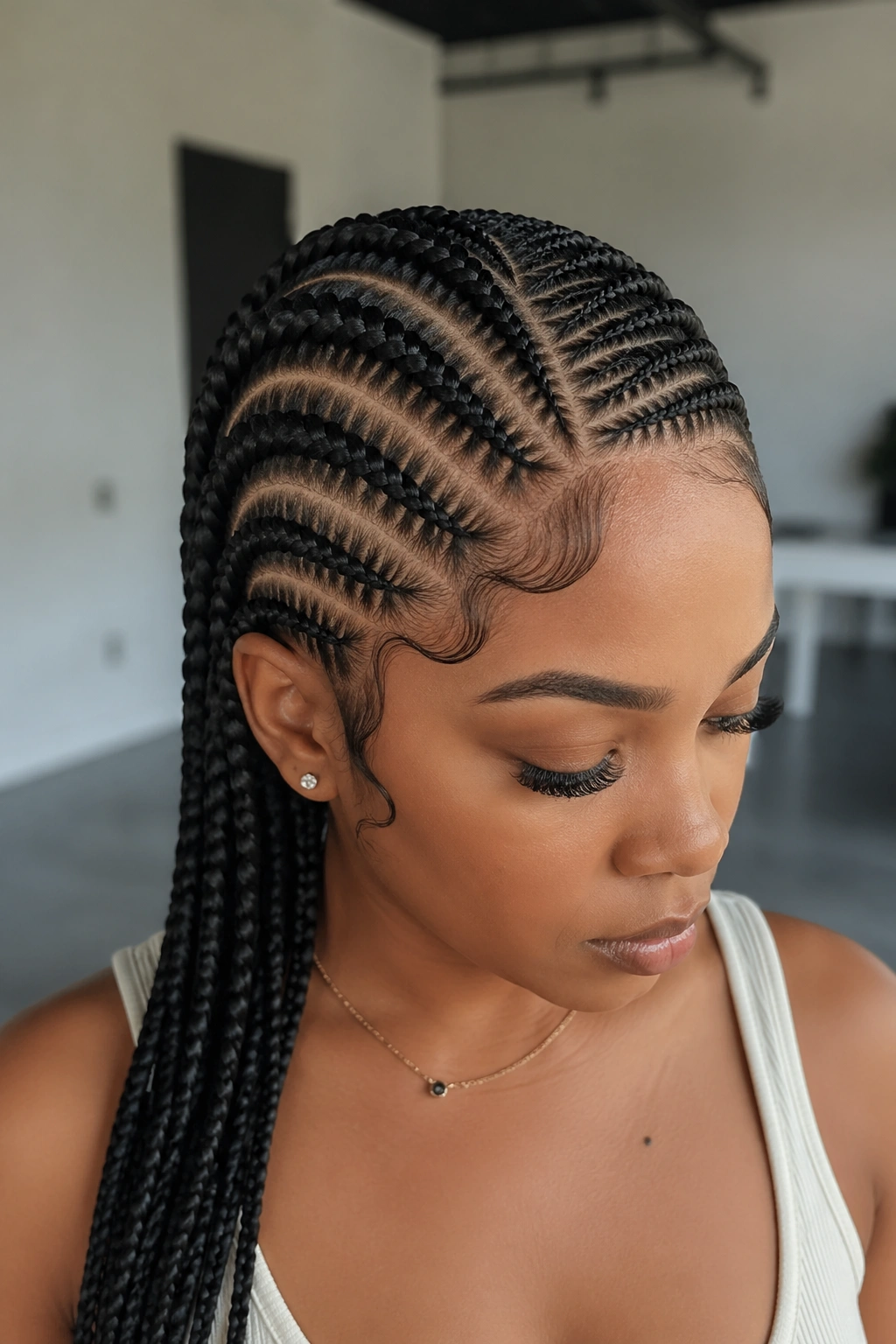 Real woman with asymmetric stitch cornrows in a fashion studio