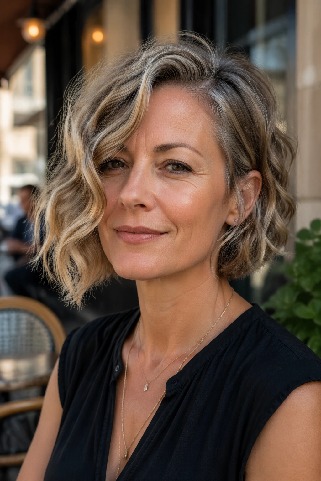 Close-up of a woman with an asymmetrical bob and waves in warm daylight