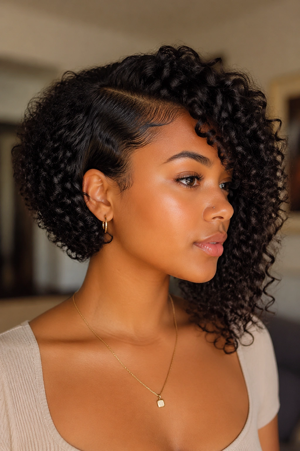 Close-up of a real woman with an asymmetrical curly bob showing the longer side.