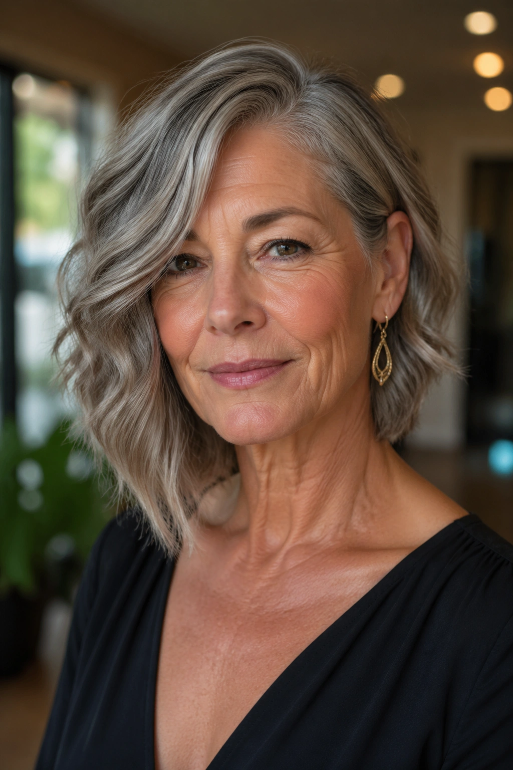 Close-up of a real woman with an asymmetrical wavy lob hairstyle