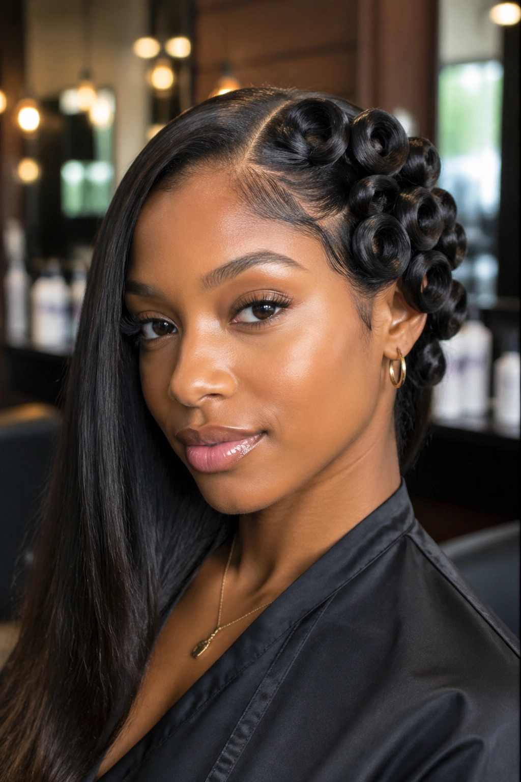 Close-up of a real woman with one-sided pin curls on the right and straight left side in a warm salon.