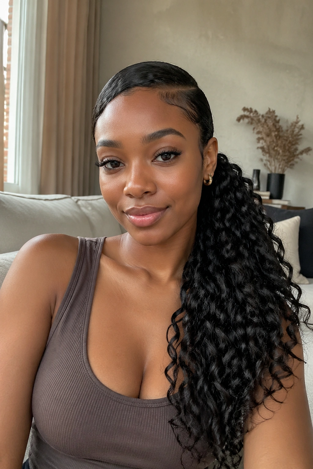 Close-up of a real woman with an asymmetrical long curly weave ponytail draping over one shoulder