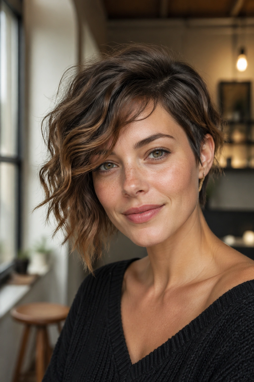 Close-up portrait of a real woman with an asymmetrical short shag