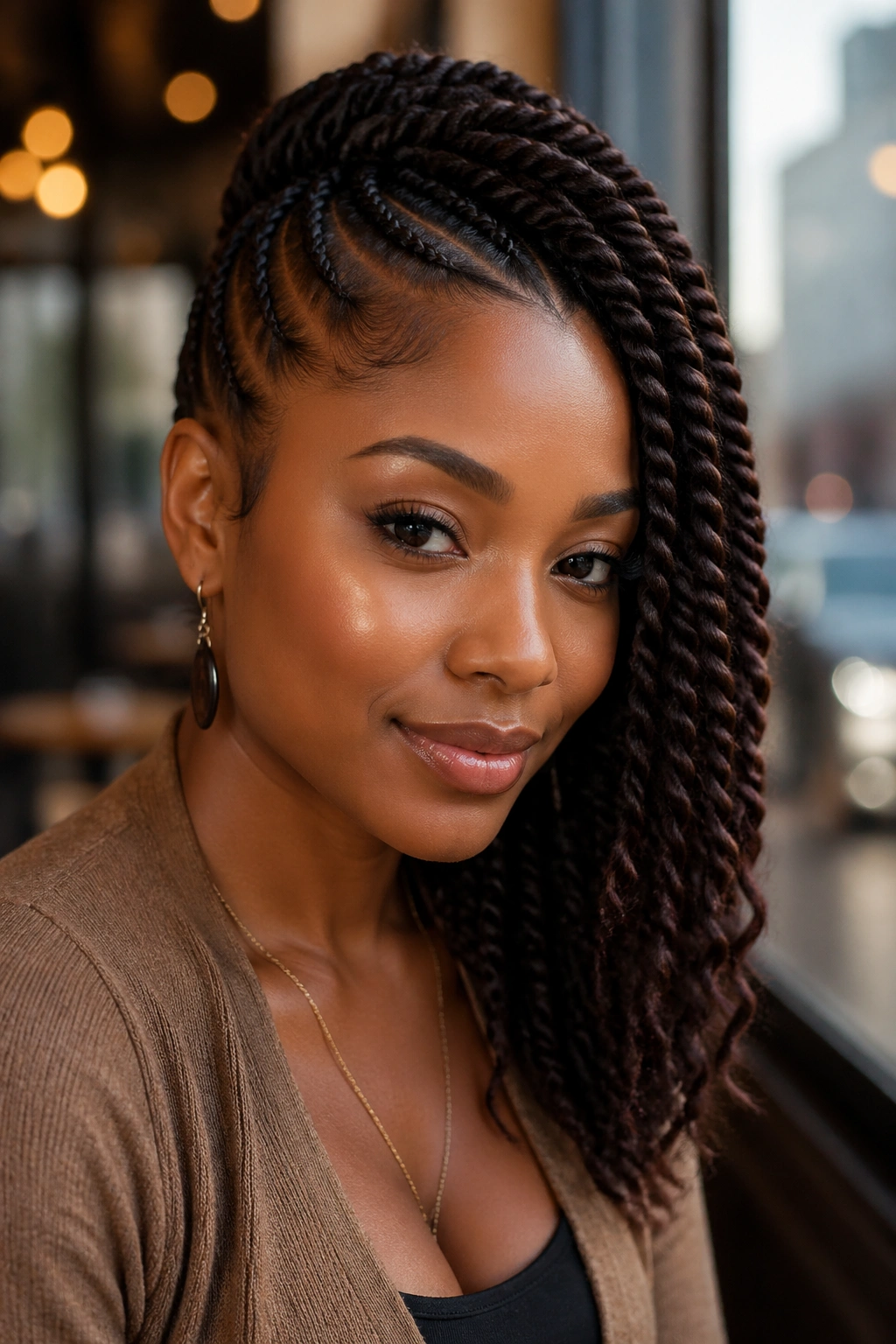 Close-up of a real woman with an asymmetrical side-part twist ponytail