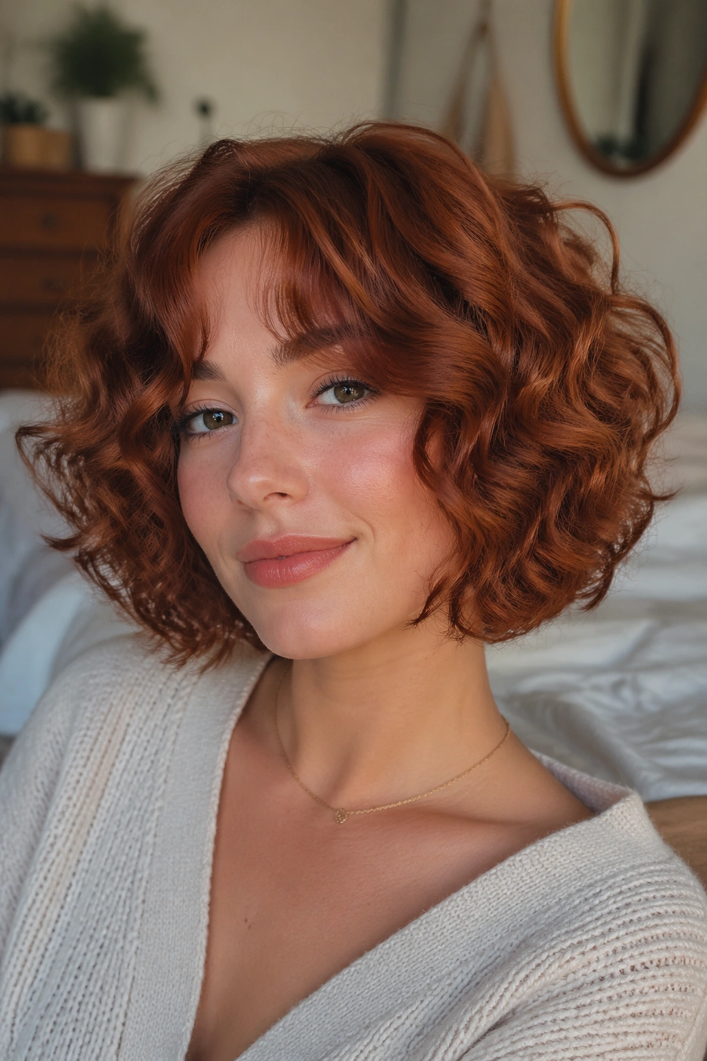Close-up portrait of a real woman with auburn curly bob and curtain bangs