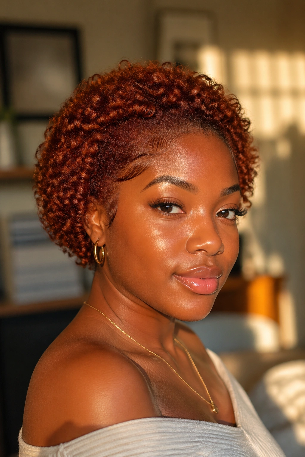 Warm auburn natural bob on a real person, close-up portrait