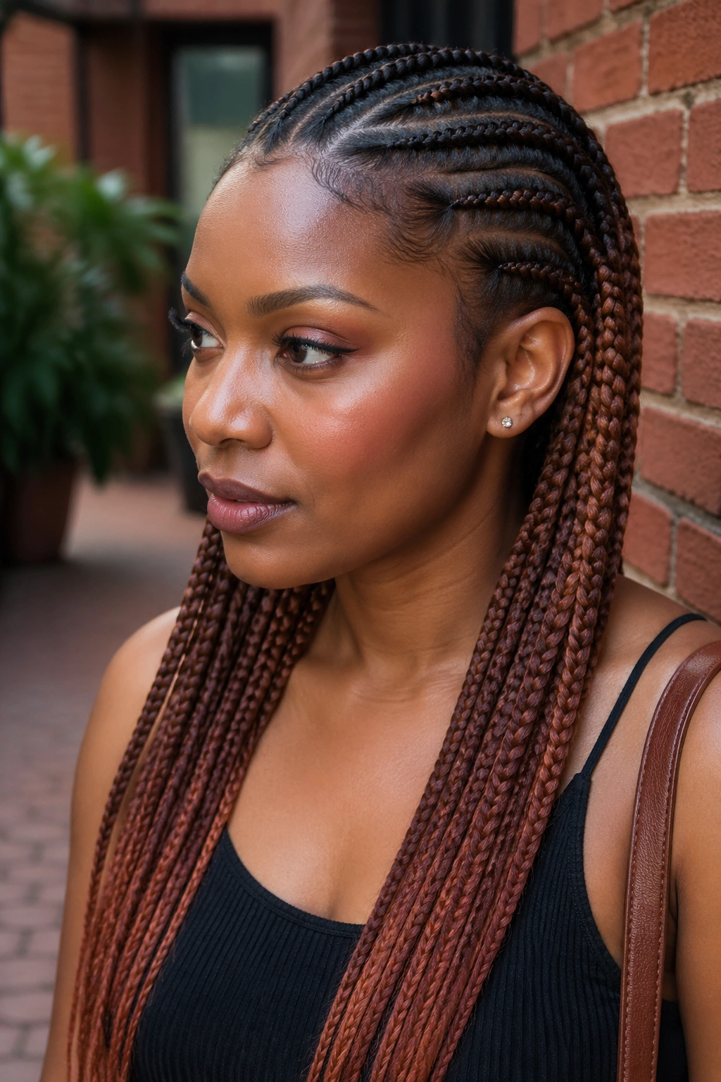 Close-up of real person with auburn-toned cornrows in a natural two-tone ombre