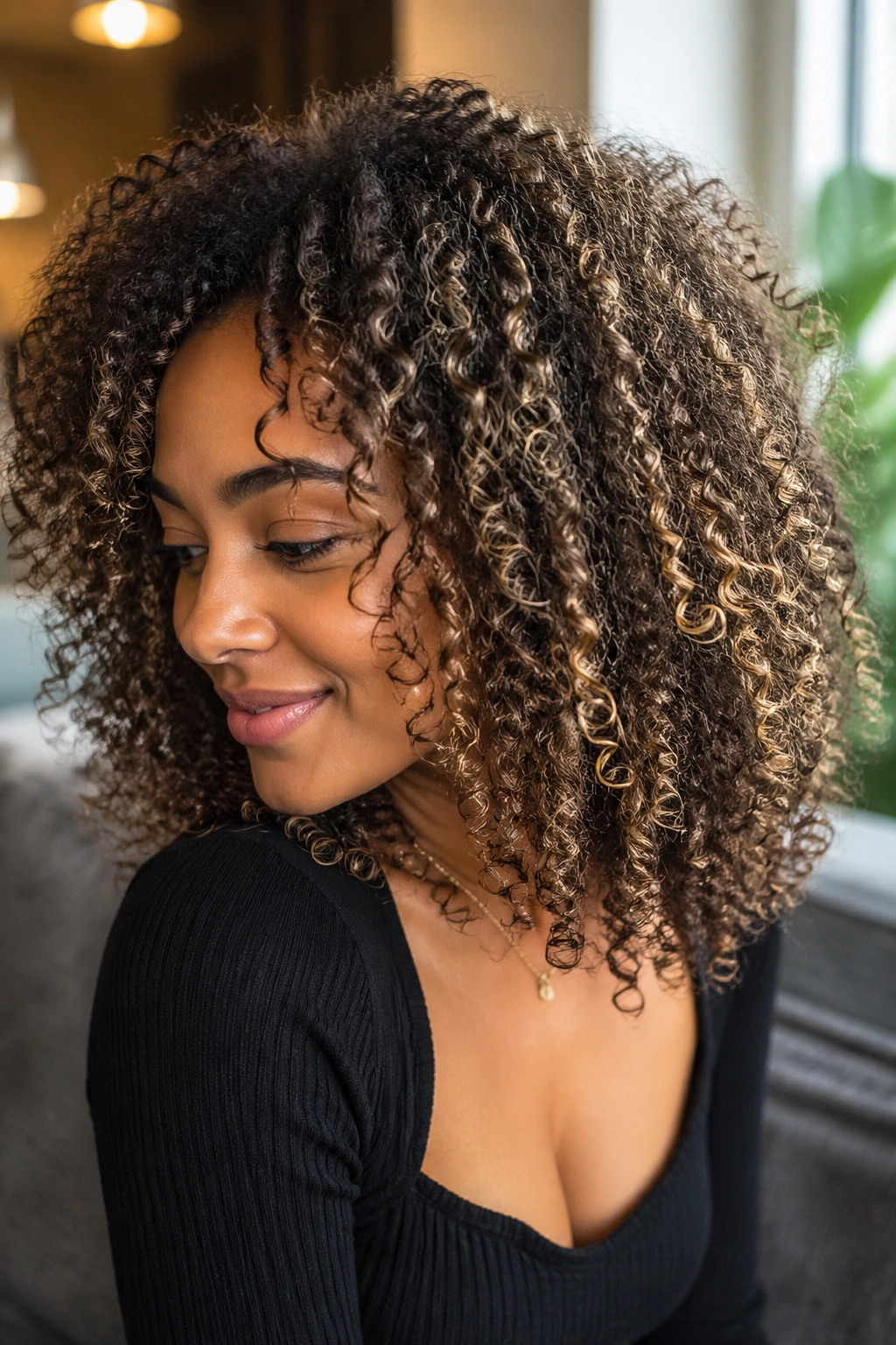 Close-up of natural curls with subtle babylights
