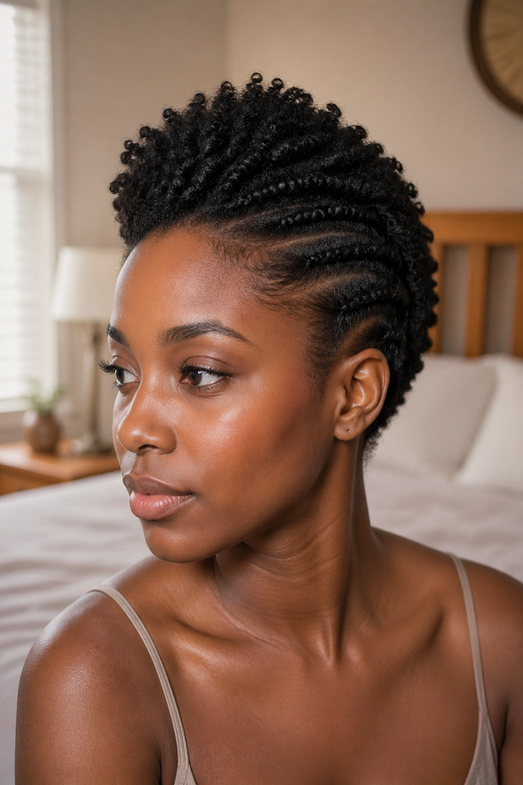 Close-up of a real woman with back-pinned twist style showing twists pinned at the back